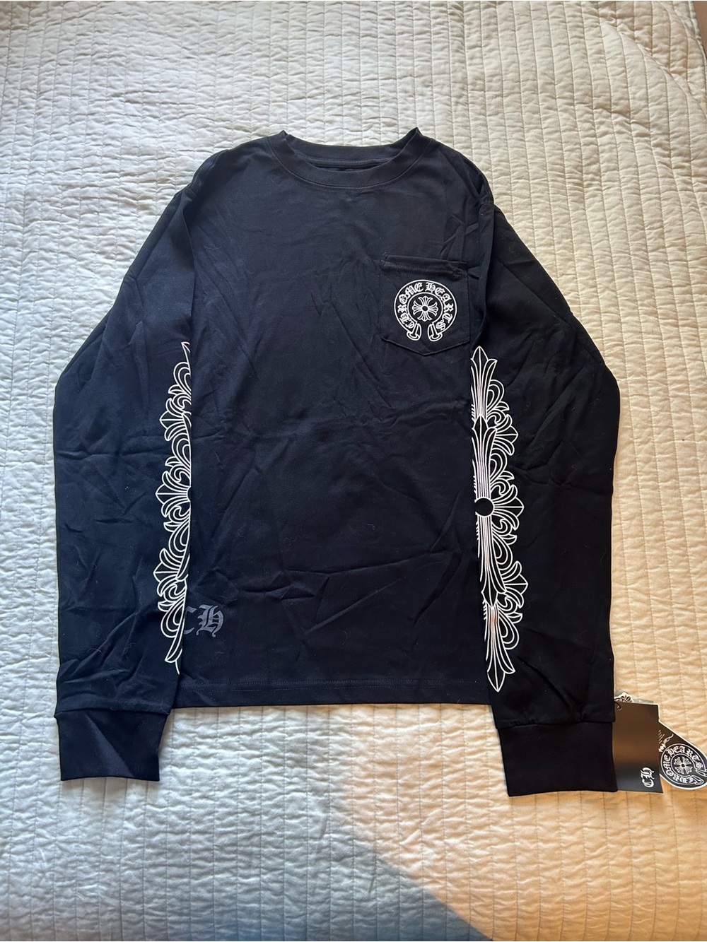 Chrome Hearts Black Long Sleeve Tee with White Sleeve Motifs